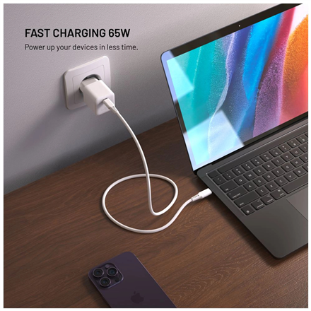 Fixed Mini GaN power adapter with USB-C output and PD support, 65W