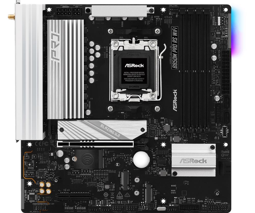 Mainboard ASROCK AMD B850 SAM5 Micro-ATX Memory DDR5 Memory slots 4 1xPCI-Express 4.0 4x 1xPCI-Express 5.0 16x 1xM.2 1xHDMI 1xDisplayPort 1xAudio-In 1xAudio-Out 1xMicrophone 4xUSB 2.0 3xUSB 3.2 1xUSB-C 1xRJ45 B850MPRORSWIFI