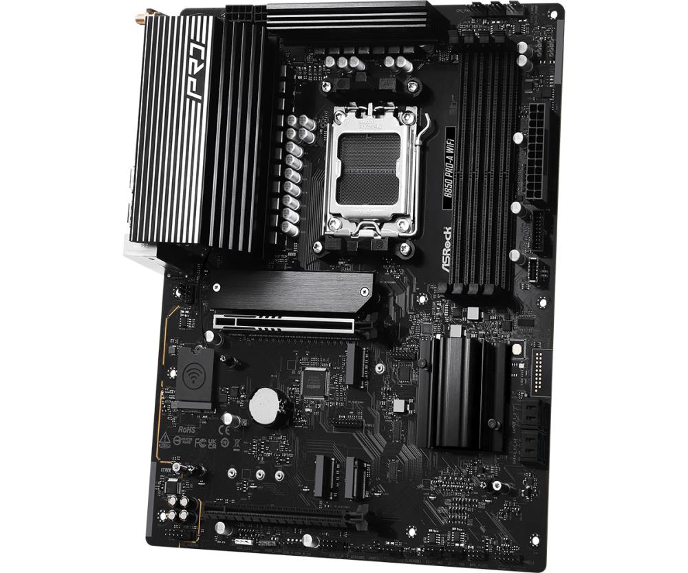 Mainboard ASROCK AMD B850 SAM5 ATX Memory DDR5 Memory slots 4 1xPCI-Express 4.0 16x 1xPCI-Express 5.0 16x 1xM.2 1xHDMI 1xAudio-In 1xAudio-Out 1xMicrophone 6xUSB 2.0 4xUSB 3.2 1xUSB-C 1xRJ45 B850PRO-AWIFI