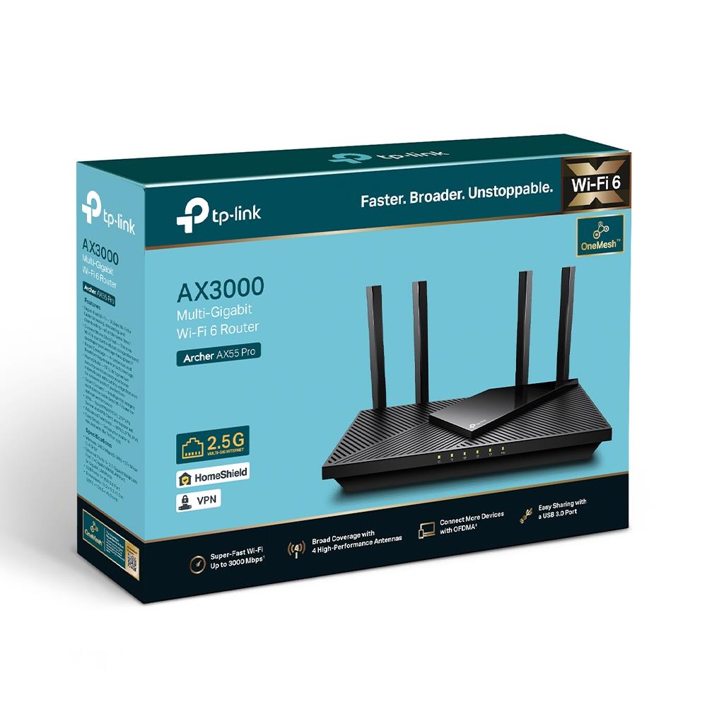 Wireless Router TP-LINK Wireless Router 3000 Mbps Wi-Fi 6 IEEE 802.11a IEEE 802.11 b/g IEEE 802.11n IEEE 802.11ac IEEE 802.11ax USB 3.0 3x10/100/1000M 1x2.5GbE LAN \ WAN ports 1 Number of antennas 4 ARCHERAX55PRO