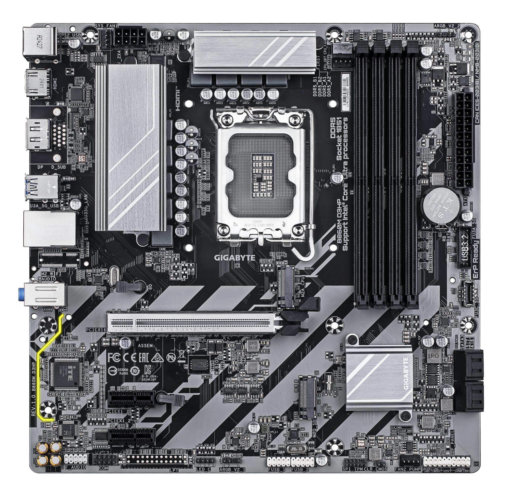 Mainboard GIGABYTE Intel B860 Express LGA1851 Micro-ATX Memory DDR5 Memory slots 4 2xPCI-Express 1x 1xPCI-Express 16x 2xM.2 1xHDMI 1xDisplayPort 1xAudio-In 1xAudio-Out 1xMicrophone 3xUSB 2.0 3xUSB 3.2 1xPS/2 1xRJ45 B860MD3HP1.0