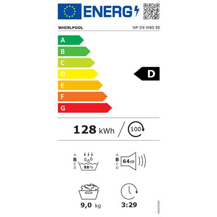 Whirlpool Dryer Machine | WP D9 WBS EE | Energy efficiency class D | Front loading | 9 kg | Heat pump | Digital | Depth 