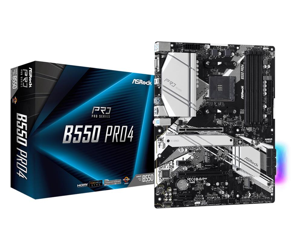 Mainboard ASROCK AMD B550 SAM4 ATX 2xPCI-Express 3.0 1x 1xPCI-Express 3.0 16x 2xM.2 1xPCI-Express 4.0 16x Memory DDR4 Memory slots 4 1x15pin D-sub 1xHDMI 1xUSB type C 5xUSB 3.2 1xPS/2 1xRJ45 3xAudio port B550PRO4