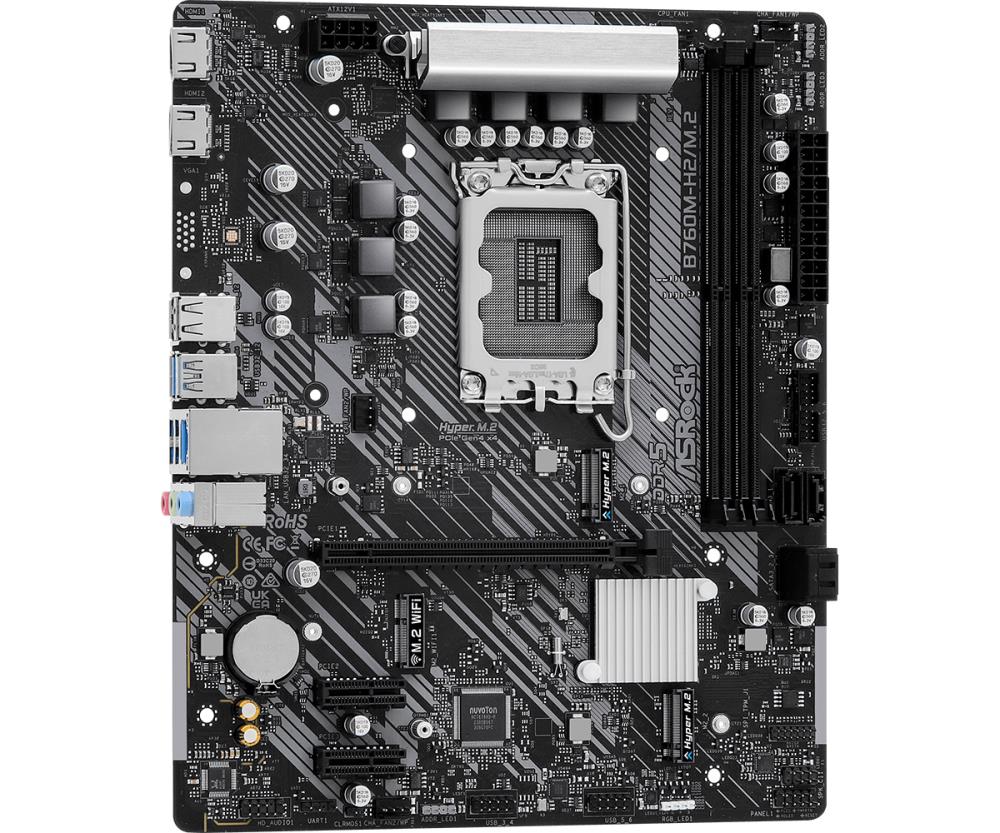 Mainboard ASROCK Intel B760 Express LGA1700 Micro-ATX Memory DDR5 Memory slots 2 2xPCI-Express 3.0 1x 1xPCI-Express 4.0 16x 3xM.2 2xHDMI 2xUSB 2.0 4xUSB 3.2 1xRJ45 3xAudio port B760M-H2/M.2