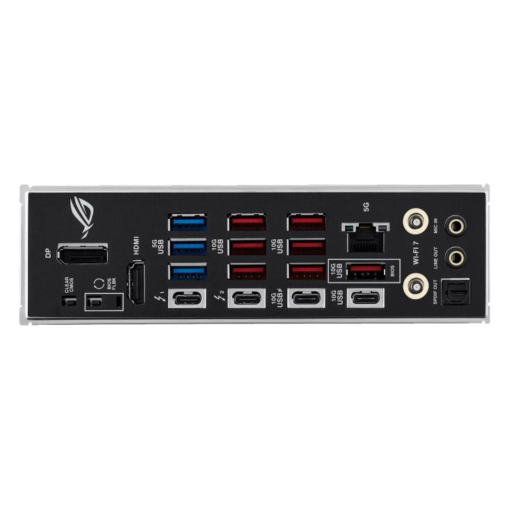 Mainboard ASUS Intel Z890 LGA1851 ATX Memory DDR5 Memory slots 4 1xPCI-Express 4.0 16x 1xPCI-Express 5.0 16x 7xM.2 1xHDMI 1xDisplayPort 1xAudio-In 1xAudio-Out 3xUSB 3.0 7xUSB 3.1 2xUSB-C 2xUSB-C w/Thunderbolt 1xOptical S/PDIF 1xRJ45 ROGSTRIXZ890-EGAMWIFI