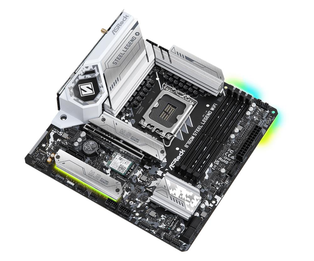 Mainboard ASROCK Intel B760 Express LGA1700 Micro-ATX Memory DDR5 Memory slots 4 1xPCI-Express 4.0 1x 1xPCI-Express 5.0 16x 4xM.2 1xHDMI 1xDisplayPort 2xUSB 2.0 5xUSB 3.2 1xUSB-C 1xPS/2 1xRJ45 3xAudio port B760MSTEELLEGENDWIFI