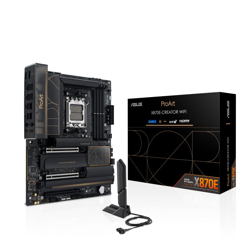 Mainboard ASUS AMD X870E SAM5 ATX Memory DDR5 Memory slots 4 3xPCI-Express 4.0 16x 2xPCI-Express 5.0 16x 4xM.2 1xHDMI 1xDisplayPort 1xUSB 2.0 7xUSB 3.2 3xUSB-C 1xRJ45 3xAudio port PROARTX870E-CREATORWIFI