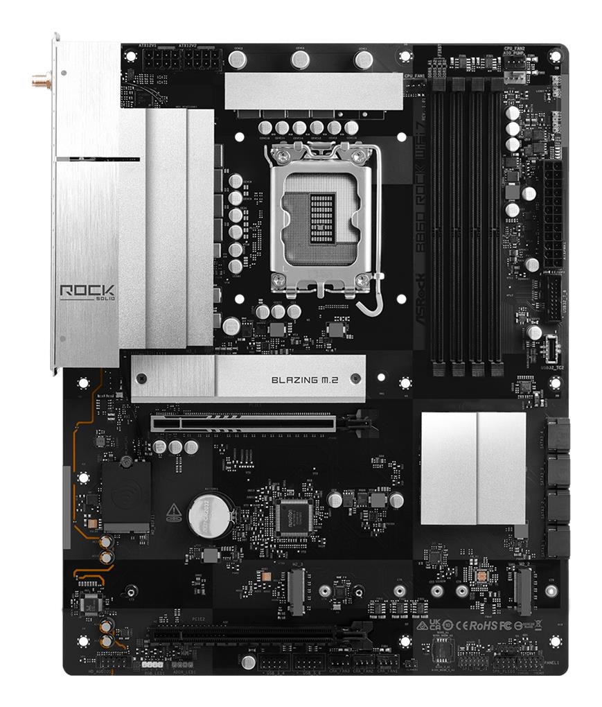 Mainboard ASROCK B860 Rock WiFi 7 Intel B860 LGA 1851 (Socket V1) ATX RAM DDR5-SDRAM 4xSlots Wi-Fi Yes Bluetooth Yes 3xNumber of M.2 (M) slots B860ROCKWIFI7