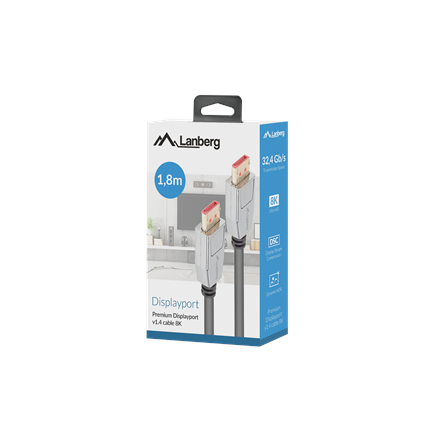 Lanberg DisplayPort M/M Cable 20 PIN V1.4 8K 60HZ | CA-DPDP-20CU-0018-BK | DisplayPort to DisplayPort | 1.8 m