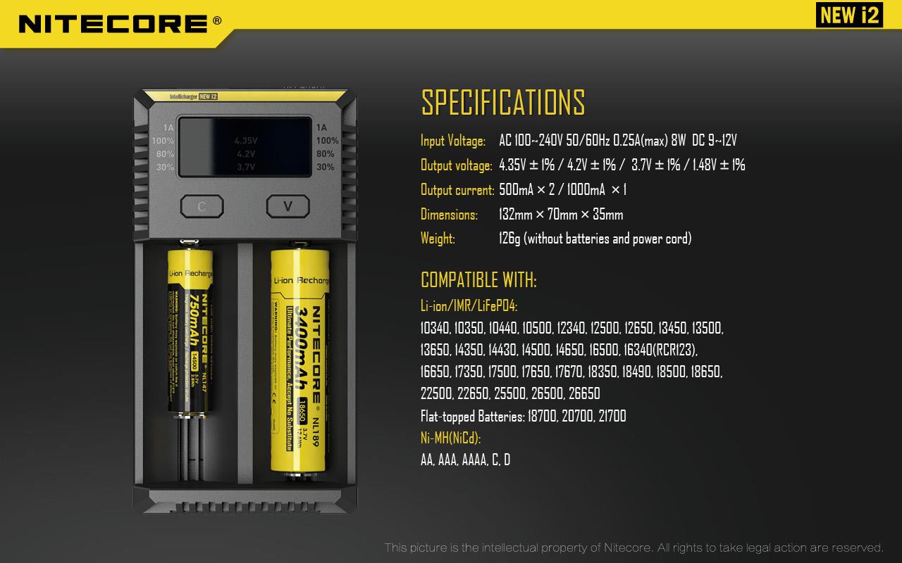 BATTERY CHARGER 2-SLOT/INTELLICHARGER NEW I2 NITECORE