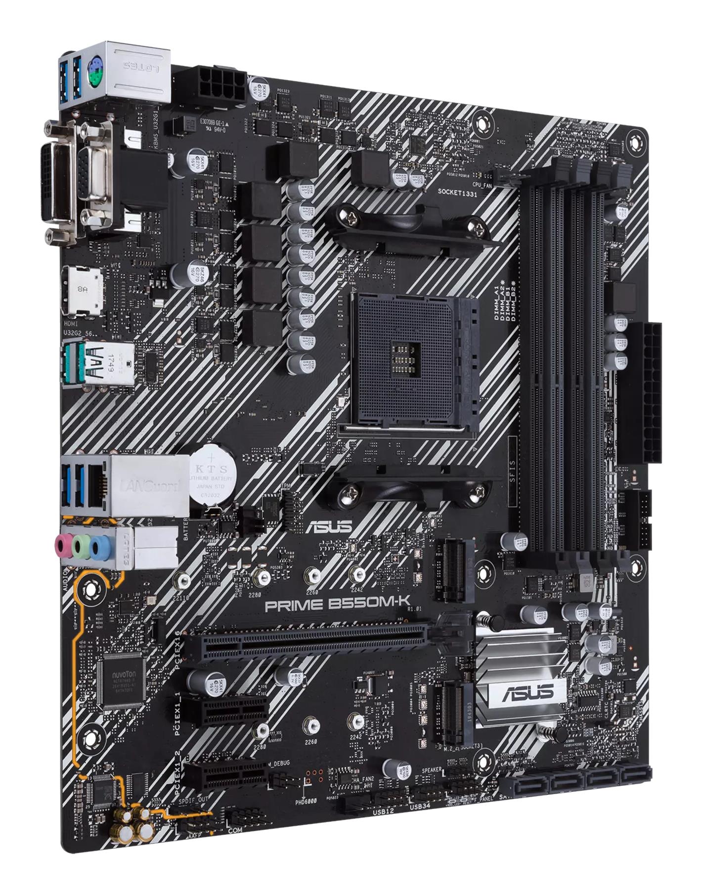 Mainboard ASUS AMD B550 SAM4 MicroATX 2xPCI-Express 3.0 1x 2xM.2 1xPCI-Express 4.0 16x Memory DDR4 Memory slots 4 1x15pin D-sub 1xDVI 1xHDMI 6xUSB 3.2 1xPS/2 1xRJ45 3xAudio port PRIMEB550M-K