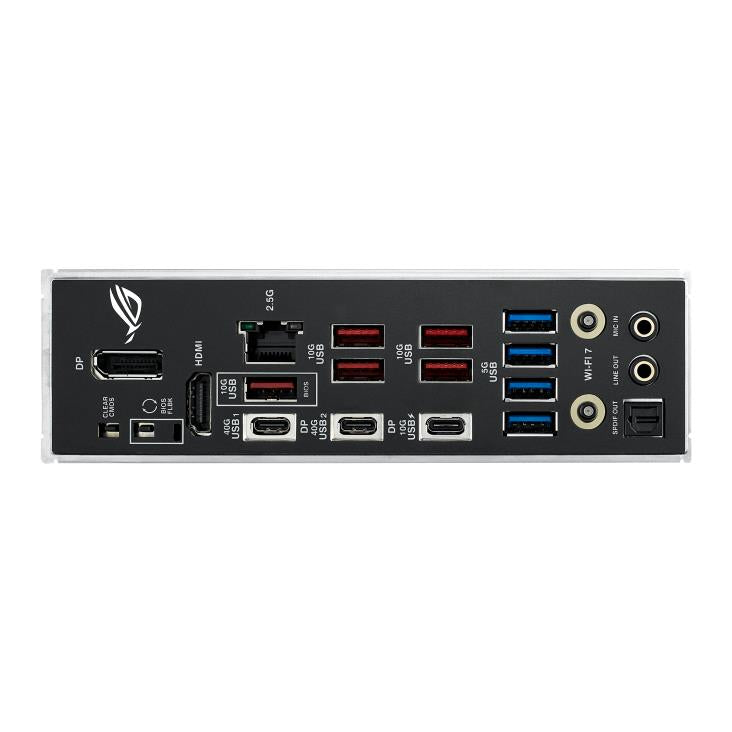Mainboard ASUS AMD X870 SAM5 ATX Memory DDR5 Memory slots 4 1xPCI-Express 4.0 16x 1xPCI-Express 5.0 16x 4xM.2 1xHDMI 1xDisplayPort 1xAudio-In 1xAudio-Out 5xUSB 3.2 1xUSB-C 2xUSB4 1xRJ45 ROGSTRIXX870-FGAMWIFI