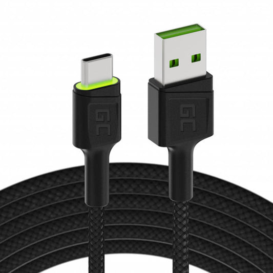 Kabel USB - USB-C Green Cell GC Ray, 120cm, grüne LED, mit Ultra Charge, QC 3.0