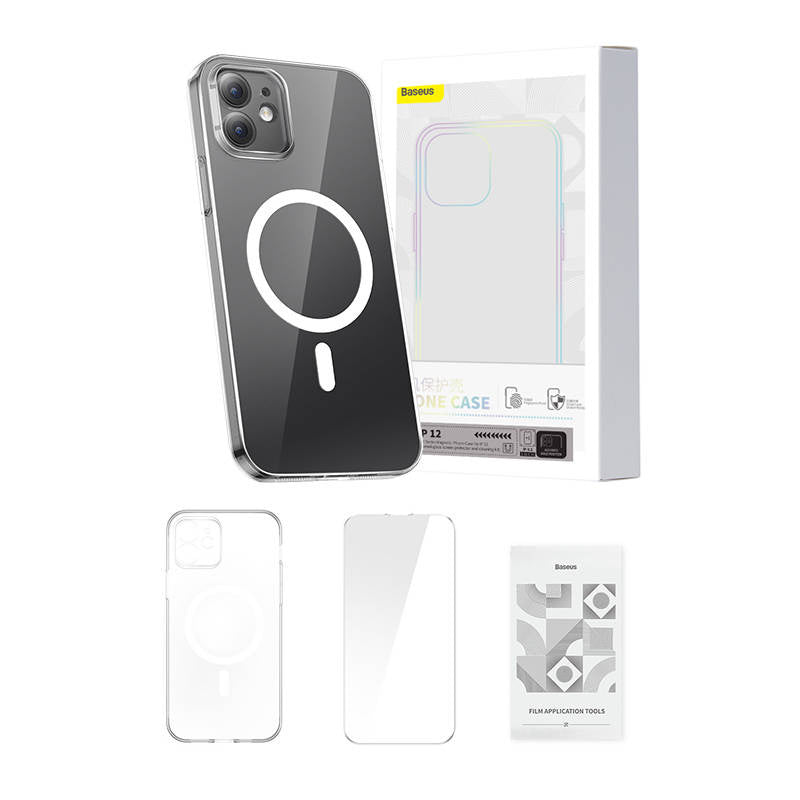 Phone case Baseus Magnetic Crystal Clear for iPhone 12 (transparent) with all-tempered-glass screen protector and cleaning kit - Product Image 1