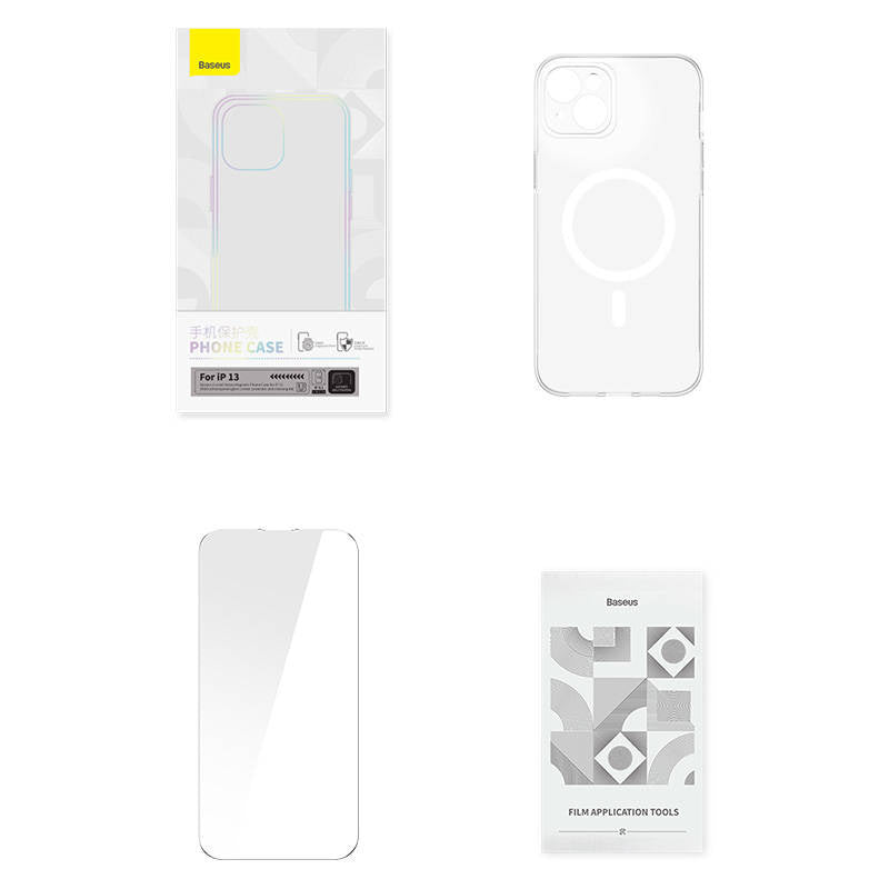 Phone case Baseus Magnetic Crystal Clear for iPhone 13 (transparent) with all-tempered-glass screen protector and cleaning kit - Product Image 10