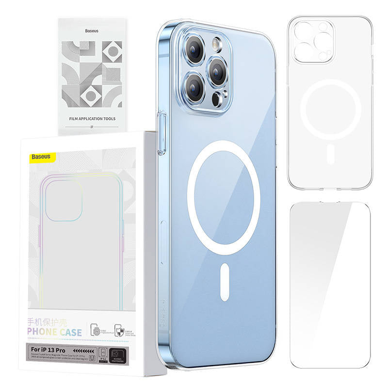 Phone case Baseus Magnetic Crystal Clear for iPhone 13 Pro (transparent) with all-tempered-glass screen protector and cleaning kit - Product Image 1
