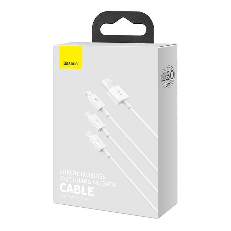 Quick Charge USB to M+L+C  Baseus Superior Data 3.5A 1m (White) - Product Image 7