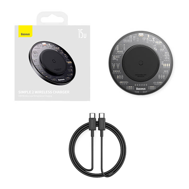 Wireless Qi inductive charger Baseus Simple 2, 15W with USB-C to USB-C cable (black) - Product Image 8