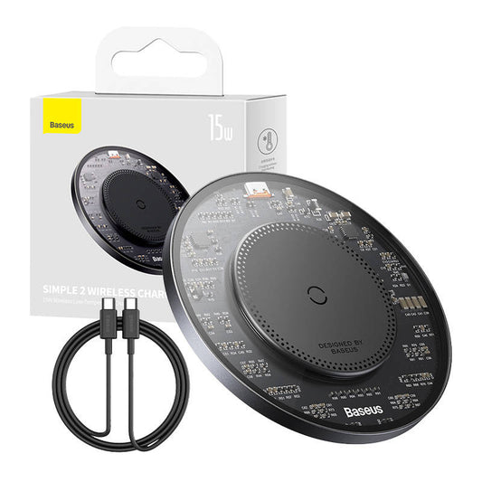 Wireless Qi inductive charger Baseus Simple 2, 15W with USB-C to USB-C cable (black) - Product Image 1