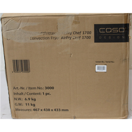 SALE OUT. | Caso | Air Fryer | 03000 AirFry Chef 1700 | Power 1700 W | Capacity 22 L | Black | DAMAGED PACKAGING | 24 mo