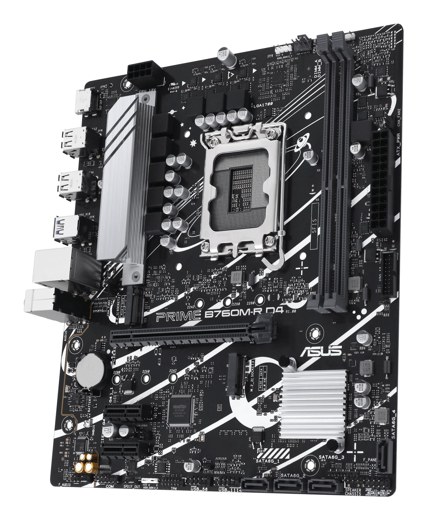 Mainboard ASUS Intel B760 Express LGA1700 Micro-ATX Memory DDR4 Memory slots 2 2xPCI-Express 4.0 1x 1xPCI-Express 4.0 16x 2xM.2 1x15pin D-sub 1xHDMI 4xUSB 2.0 4xUSB 3.2 1xOptical S/PDIF 3xAudio port PRIMEB760M-RD4