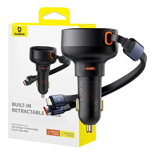 Car Charger Baseus Enjoyment USB-C with USB-C cable and Lightning  60W (black) - Product Image 1