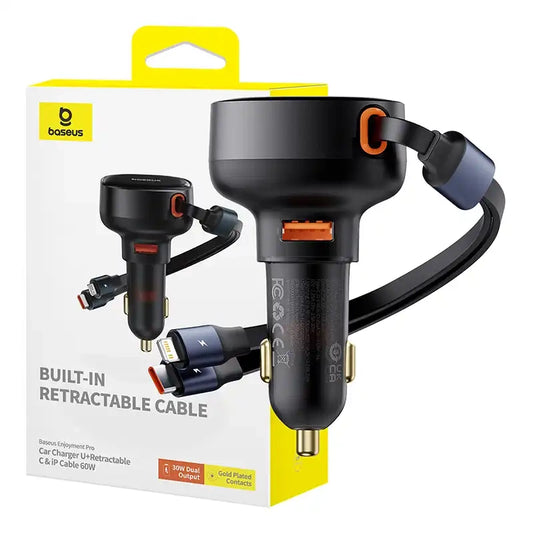 Car Charger Baseus Enjoyment USB with USB-C cable and Lightning  60W (black) - Product Image 1