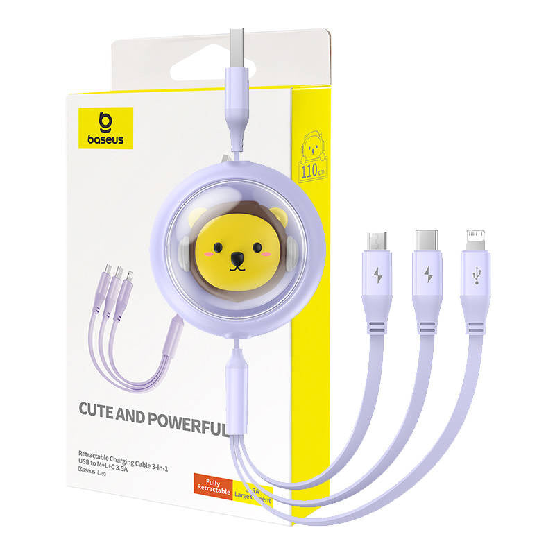 Charging Cable 3w1 Baseus USB to USB-C, USB-M, Lightning 3,5A, 1,1m (purple) - Product Image 1