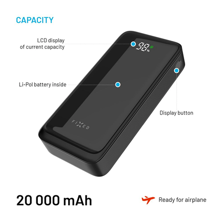 Fixed Power Bank Zen2 20 with LCD Display and PD 20W Output | 20000 mAh | Black
