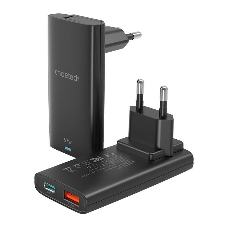 Choetech PD6011 PD65W GaN slim USB-A+C mini charger (black) - Product Image 1