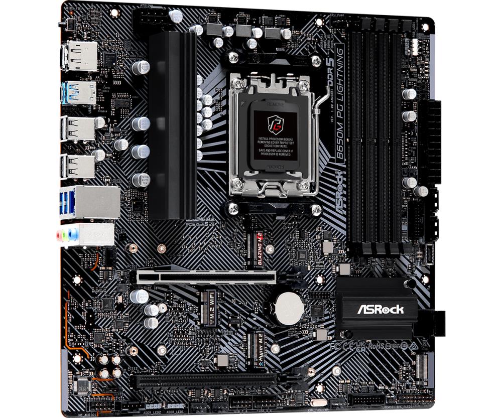 Mainboard ASROCK AMD B650 SAM5 Micro-ATX Memory DDR5 Memory slots 4 1xPCI-Express 3.0 16x 1xPCI-Express 4.0 16x 3xM.2 1xHDMI 1xDisplayPort 4xUSB 2.0 3xUSB 3.2 1xUSB-C 1xRJ45 3xAudio port B650MPGLIGHTNING