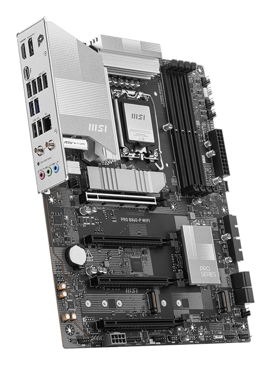Mainboard MSI Intel B860 Express LGA1851 ATX Memory DDR5 Memory slots 4 2xPCI-Express 4.0 1x 1xPCI-Express 4.0 4x 1xPCI-Express 5.0 16x 3xM.2 1xHDMI 1xDisplayPort 8xUSB 2.0 2xUSB 3.2 1xUSB-C 1xRJ45 3xAudio port 1xThunderbolt PROB860-PWIFI