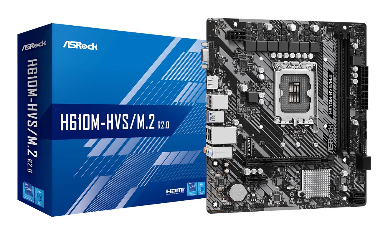Mainboard ASROCK Intel H610 LGA1700 Micro-ATX Memory DDR4 Memory slots 2 1xPCI-Express 3.0 1x 1xPCI-Express 4.0 16x 1xM.2 1x15pin D-sub 1xHDMI 1xAudio-In 1xAudio-Out 1xMicrophone 4xUSB 2.0 2xUSB 3.2 1xPS/2 1xRJ45 H610M-HVS/M.2R2.0