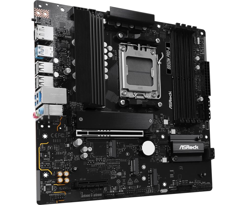 Mainboard ASROCK AMD B850 SAM5 Micro-ATX Memory DDR5 Memory slots 4 1xPCI-Express 4.0 4x 1xPCI-Express 5.0 16x 1xM.2 1xHDMI 1xDisplayPort 1xAudio-In 1xAudio-Out 1xMicrophone 4xUSB 2.0 3xUSB 3.2 1xUSB-C 1xRJ45 B850MPRO-A