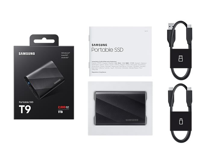 External SSD SAMSUNG T9 1TB USB 3.2 Write speed 1950 MBytes/sec Read speed 2000 MBytes/sec MU-PG1T0B/EU
