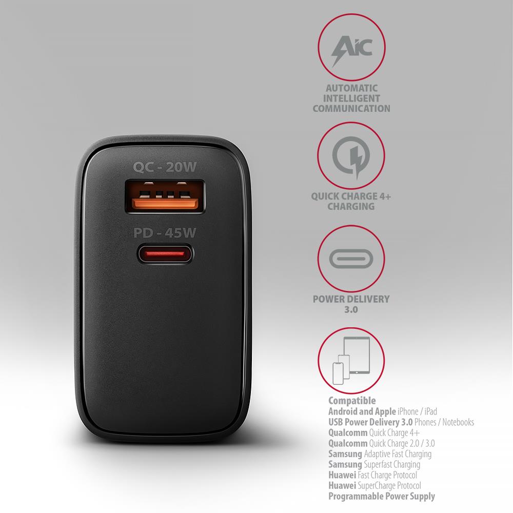 MOBILE CHARGER WALL USB 45W/GAN 2PORT ACU-PQ45 AXAGON