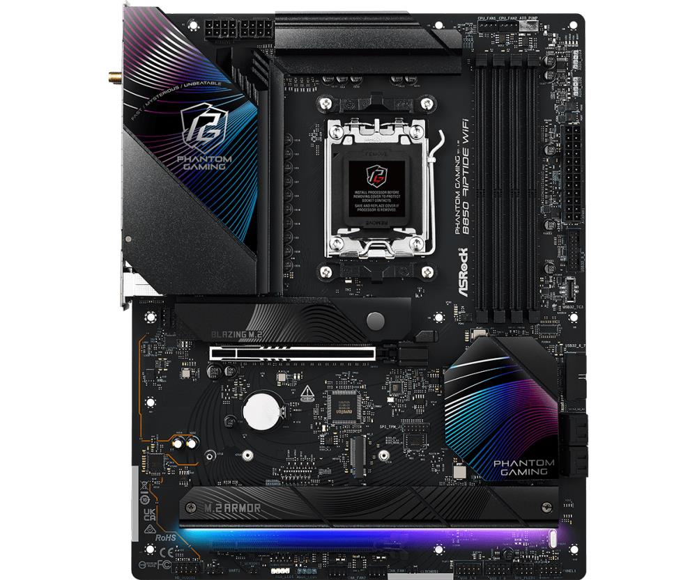 Mainboard ASROCK AMD B850 SAM5 ATX Memory DDR5 Memory slots 4 1xPCI-Express 4.0 16x 1xPCI-Express 5.0 16x 1xM.2 1xHDMI 1xAudio-In 1xAudio-Out 8xUSB 2.0 9xUSB 3.2 3xUSB-C 1xOptical S/PDIF 1xRJ45 B850RIPTIDEWIFI