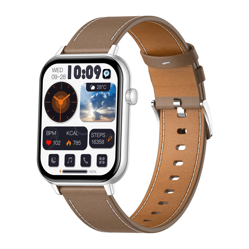 COLMI C28 Smartwatch – Silver + Brown Leather Strap - Image 2