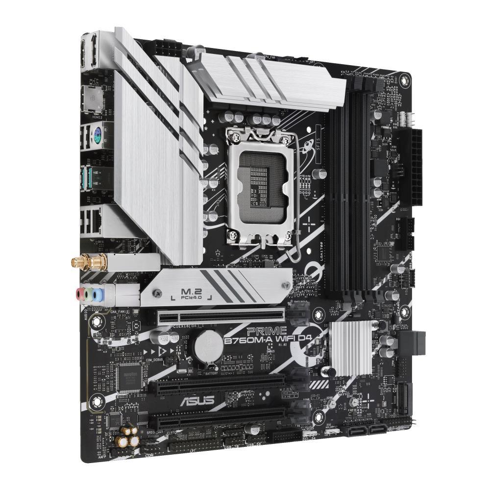 Mainboard ASUS Intel B760 Express LGA1700 Micro-ATX Memory DDR4 Memory slots 4 3xPCI-Express 4.0 16x 2xM.2 2xHDMI 1xDisplayPort 4xUSB 2.0 2xUSB 3.2 1xPS/2 1xRJ45 3xAudio port PRIMEB760M-AWIFID4