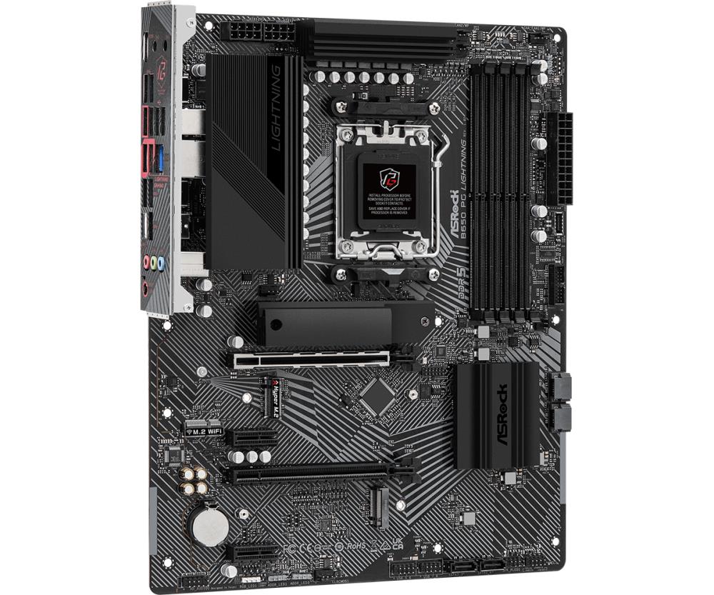 Mainboard ASROCK AMD B650 SAM5 ATX Memory DDR5 Memory slots 4 2xPCI-Express 4.0 1x 2xPCI-Express 4.0 16x 3xM.2 1xHDMI 1xAudio-In 1xAudio-Out 1xMicrophone 4xUSB 2.0 7xUSB 3.2 2xUSB-C 1xRJ45 B650PGLIGHTNING