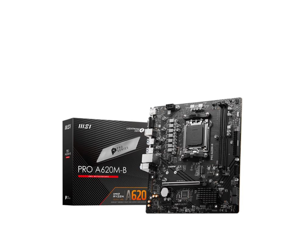 Mainboard MSI AMD A620 SAM5 Micro-ATX Memory DDR5 Memory slots 2 1xPCI-Express 3.0 1x 1xPCI-Express 4.0 16x 1xM.2 1x15pin D-sub 1xHDMI 2xUSB 2.0 4xUSB 3.2 2xPS/2 1xRJ45 3xAudio port PROA620M-B