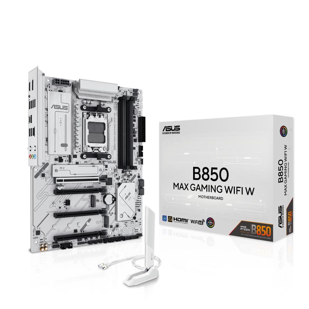 Mainboard ASUS AMD B850 SAM5 ATX Memory DDR5 Memory slots 4 2xPCI-Express 3.0 16x 1xPCI-Express 4.0 16x 1xPCI-Express 5.0 16x 3xM.2 1xHDMI 1xDisplayPort 2xUSB 2.0 5xUSB 3.2 1xUSB-C 1xRJ45 3xAudio port B850MAXGAMINGWIFIW