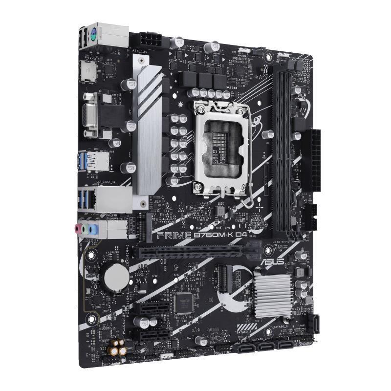 Mainboard ASUS Intel B760 Express LGA1700 Micro-ATX Memory DDR4 Memory slots 2 2xPCI-Express 4.0 1x 1xPCI-Express 4.0 16x 2xM.2 1x15pin D-sub 1xHDMI 2xUSB 2.0 4xUSB 3.2 1xPS/2 1xRJ45 3xAudio port PRIMEB760M-KD4