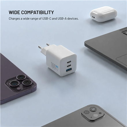 Fixed GaN Network Charger Mini with 2xUSB-C and USB output, PD support, 100 W, white | FIXCG100M-2C1A-WH