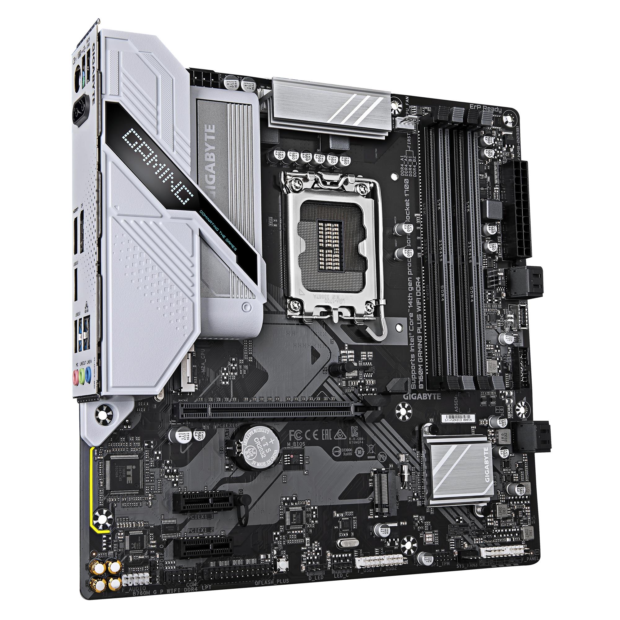 Mainboard GIGABYTE B760M GAMING PLUS WIFI DDR4 (REV. 1.1) Intel B760 LGA 1700 micro ATX RAM DDR4-SDRAM 4xSlots Wi-Fi Yes Bluetooth Yes 2xNumber of M.2 (M) slots B760MGPWIFIDDR41.1