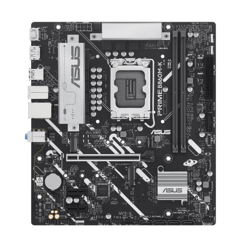 Mainboard ASUS Intel B860 Express LGA1851 Micro-ATX Memory DDR5 Memory slots 2 2xPCI-Express 4.0 1x 1xPCI-Express 4.0 16x 2xM.2 1xHDMI 1xDisplayPort 1xAudio-In 1xAudio-Out 1xMicrophone 3xUSB 2.0 2xUSB 3.0 1xUSB 3.2 1xPS/2 1xRJ45 PRIMEB860M-K