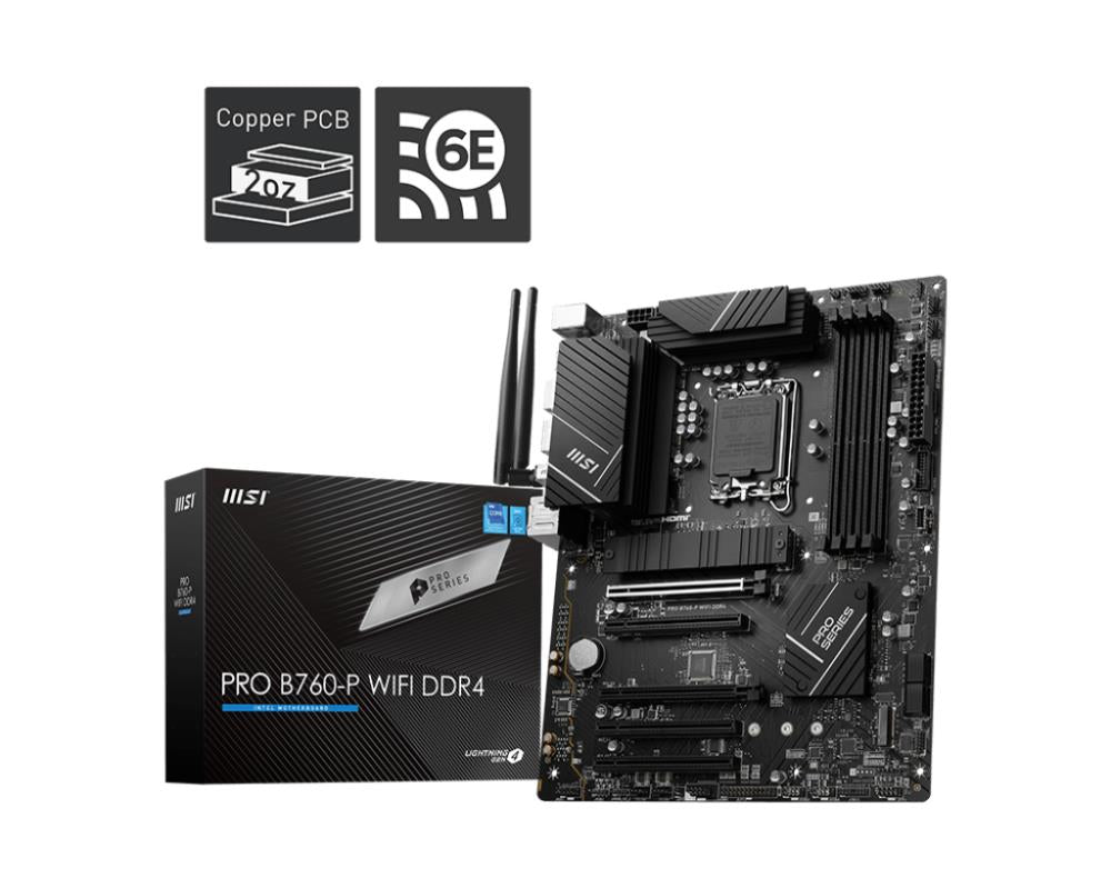 Mainboard MSI Intel B760 Express LGA1700 ATX Memory DDR4 Memory slots 4 5xPCI-Express 5.0 16x 2xM.2 1xHDMI 1xDisplayPort 4xUSB 2.0 2xUSB 3.2 1xUSB-C 1xPS/2 1xOptical S/PDIF 1xRJ45 5xAudio port PROB760-PWIFIDDR4