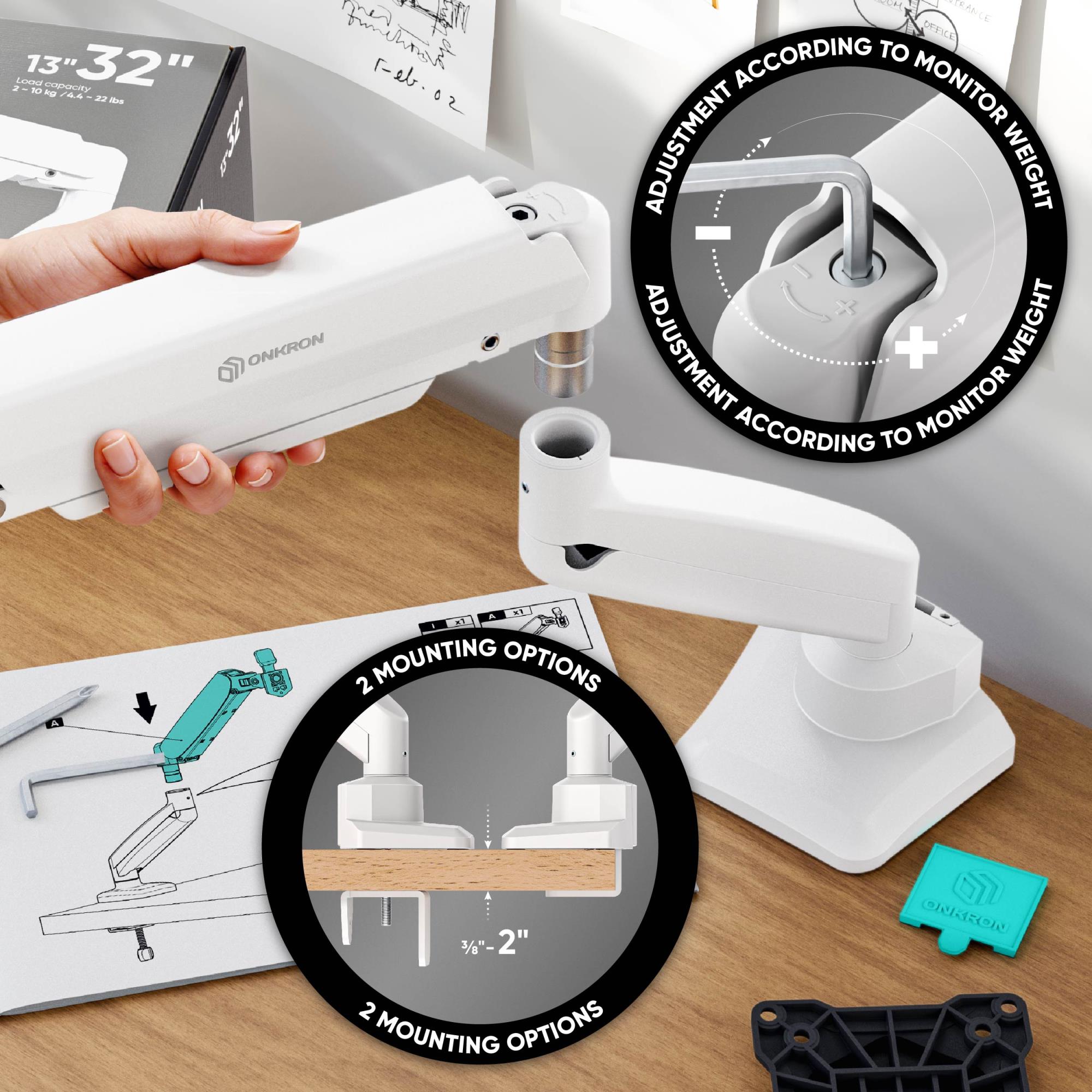 MONITOR ACC DESK MOUNT/13-32" BLK/WHT G80-BW ONKRON