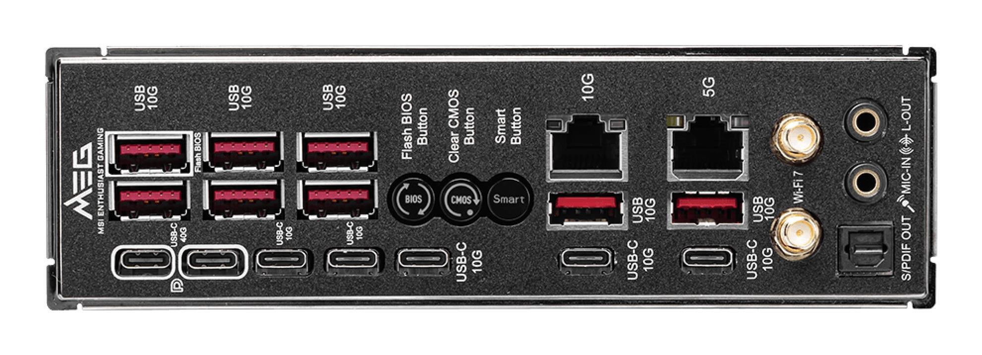 Mainboard MSI AMD X870E SAM5 EATX Memory DDR5 Memory slots 4 1xPCI-Express 1x 2xPCI-Express 16x 7xM.2 1xAudio-In 1xAudio-Out 4xUSB 2.0 4xUSB 3.2 4xUSB-C 1xOptical S/PDIF 2xRJ45 2xAudio port MEGX870EGODLIKE