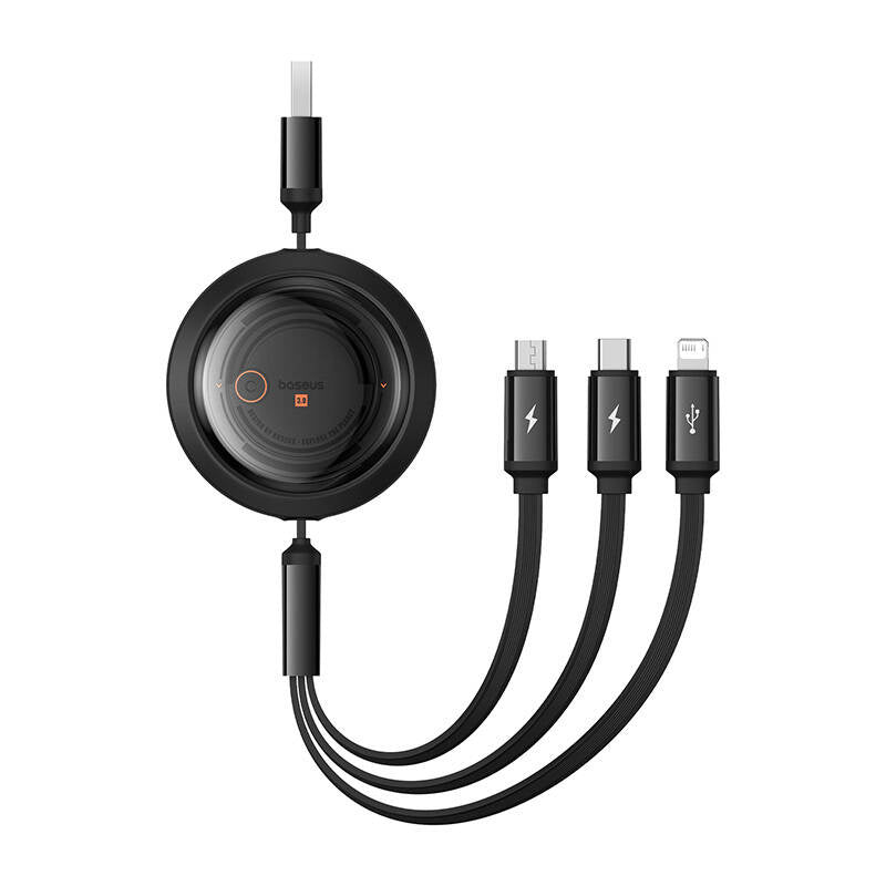Fast Charging Cable 3in1 Baseus Free2Draw, USB to micro USB+USB-C+Lightning, 3.5A, 1.1m (black) - Product Image 1
